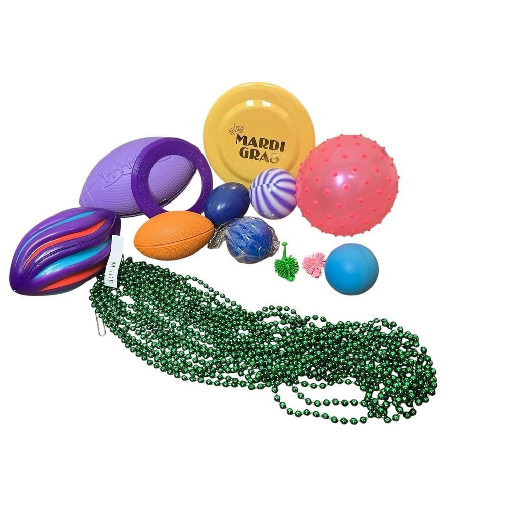 Mardi Gras Parade Throw Party Favor Bundle Beads Footballs Frisbee Balls Lot